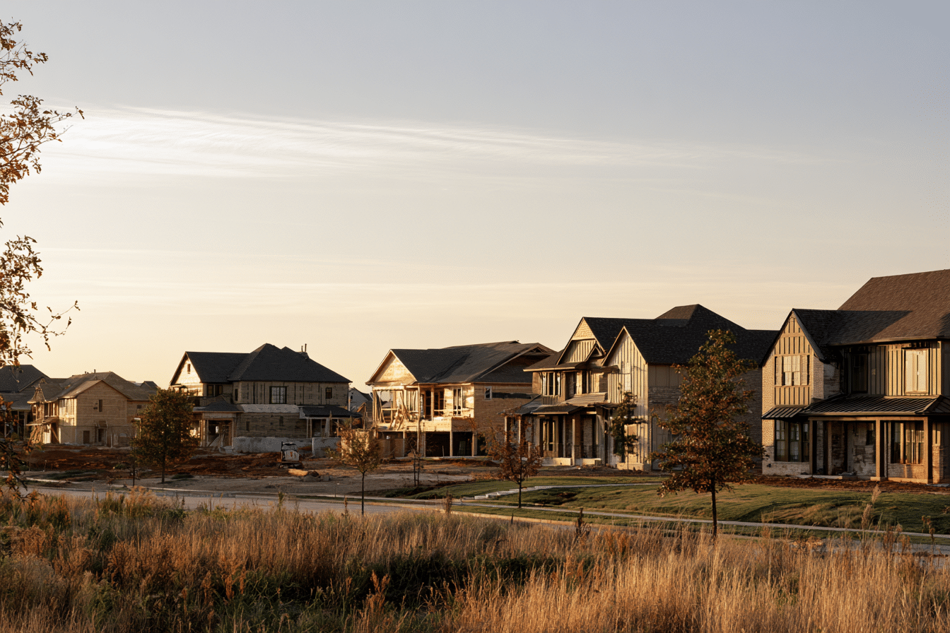 Row of modern suburban houses at various stages of construction, with some completed and others still being built under a clear sky at sunset—a vivid illustration of the ongoing efforts to improve Oklahoma City housing affordability and expand the Oklahoma City housing supply.