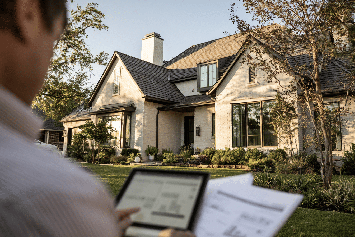 A person holding documents and using a tablet stands outside a large, modern house with a well-kept yard and trees in daylight, possibly checking recent Oklahoma City home price reductions or reviewing the latest Oklahoma City housing inventory trends.