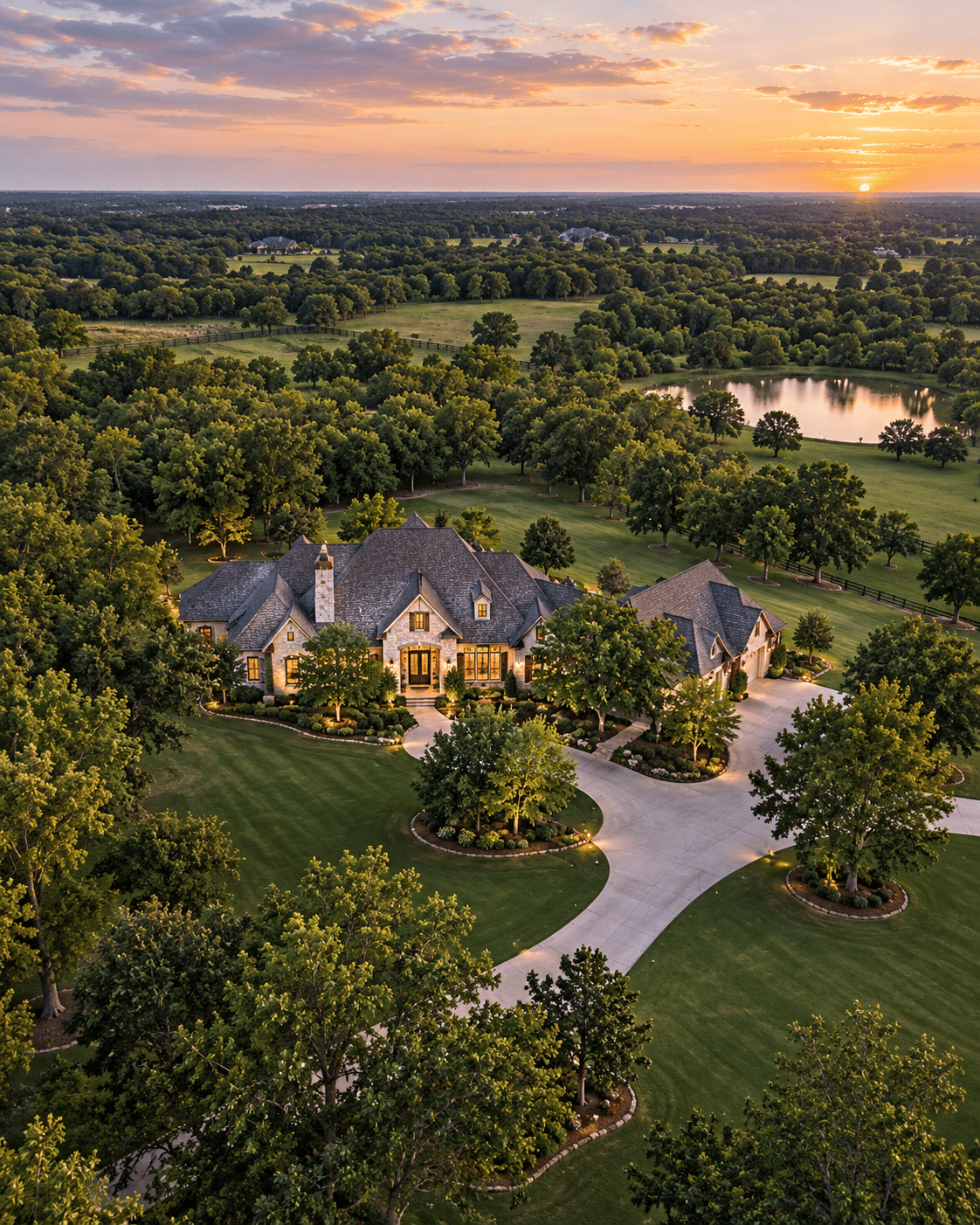 Aerial view of a luxury Arcadia-area estate with expansive lawns, mature trees, a pond, and surrounding acreage at sunset.