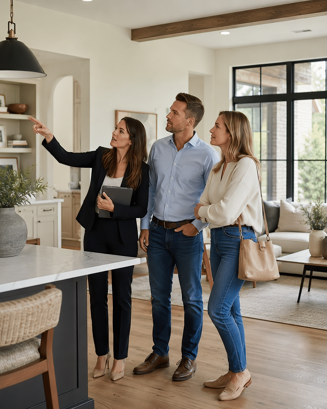 Real estate agent showing a bright modern Oklahoma City home interior to two prospective buyers.