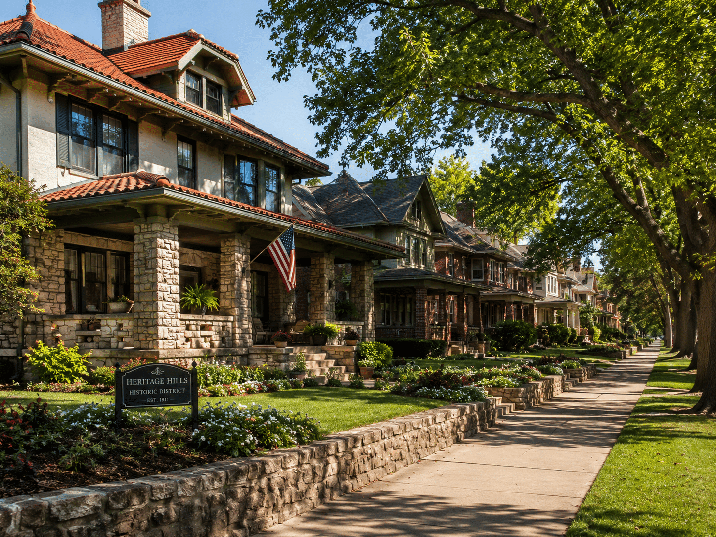Tree-lined historic Oklahoma City neighborhood with early 20th-century homes and mature landscaping.