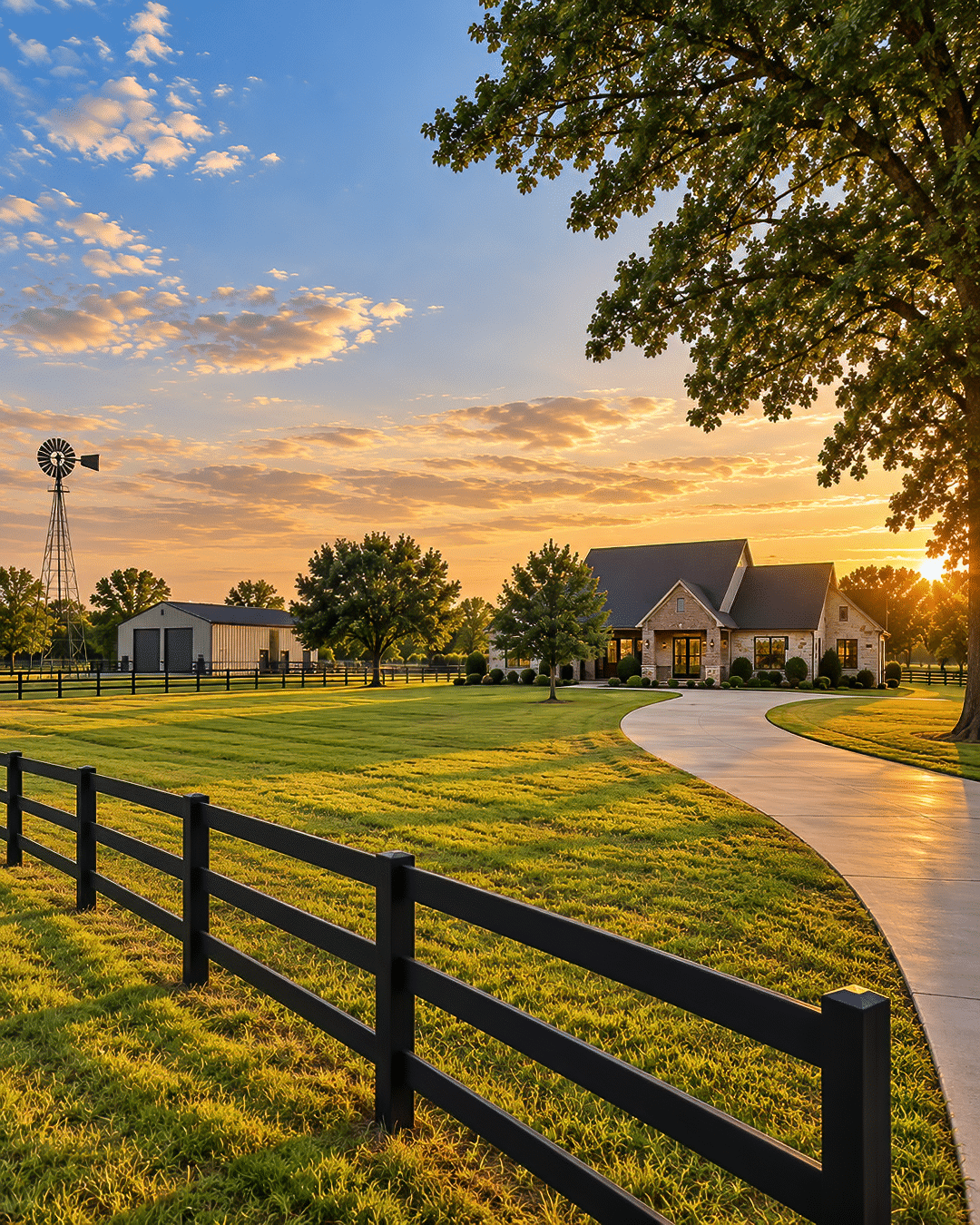 Acreage home near Jones, Oklahoma, with fenced pasture, a large shop building, mature trees, and a curved driveway at sunset.