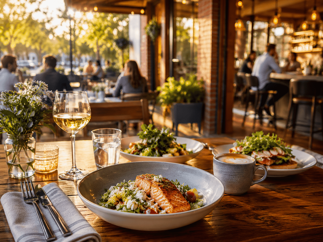 Outdoor restaurant table with plates of salad and grilled salmon, a glass of white wine, a coffee cup, and diners in the background during sunset.