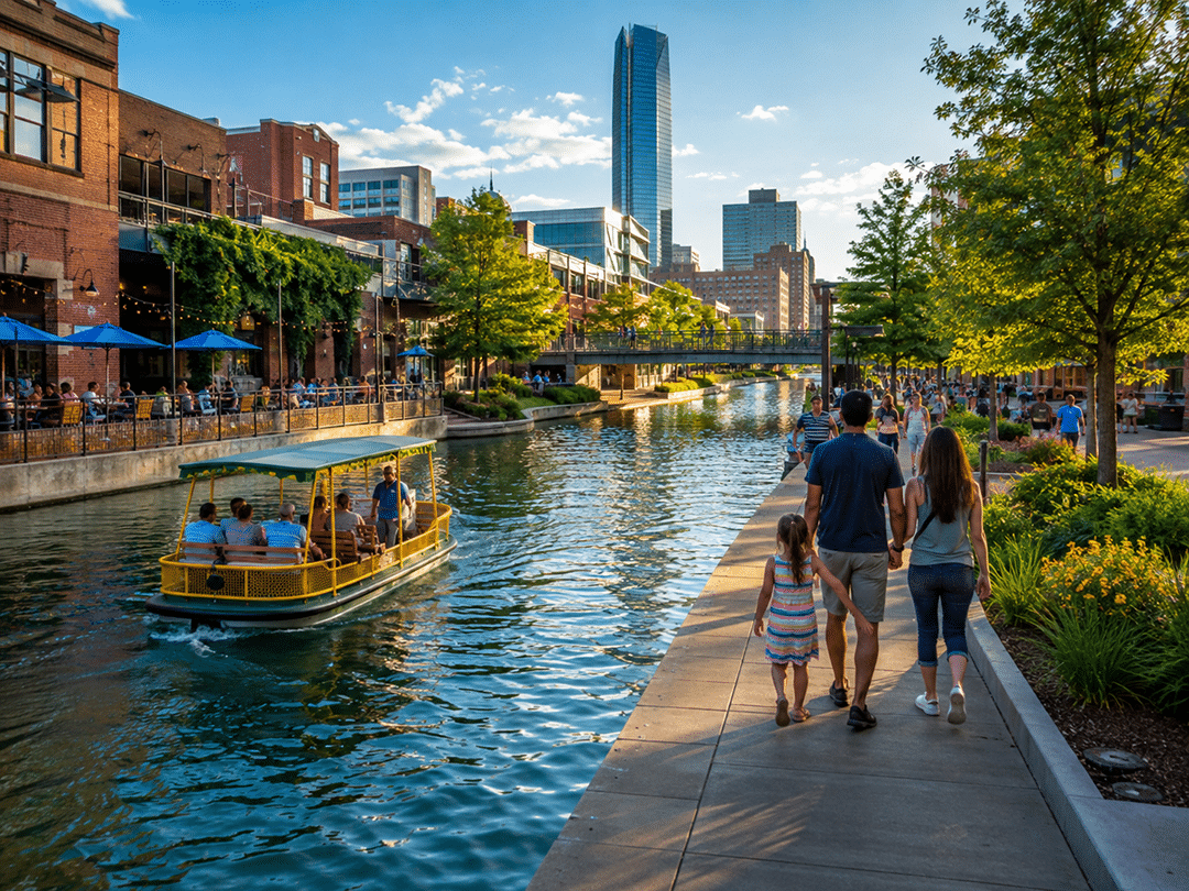 People walk along a canal path as a yellow boat passes by, surrounded by buildings, outdoor diners, and trees under a clear sky in an urban setting.