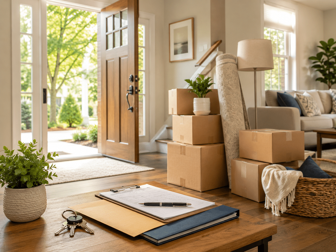 A living room with moving boxes, a clipboard and keys on a table, and an open front door showing a green yard outside.