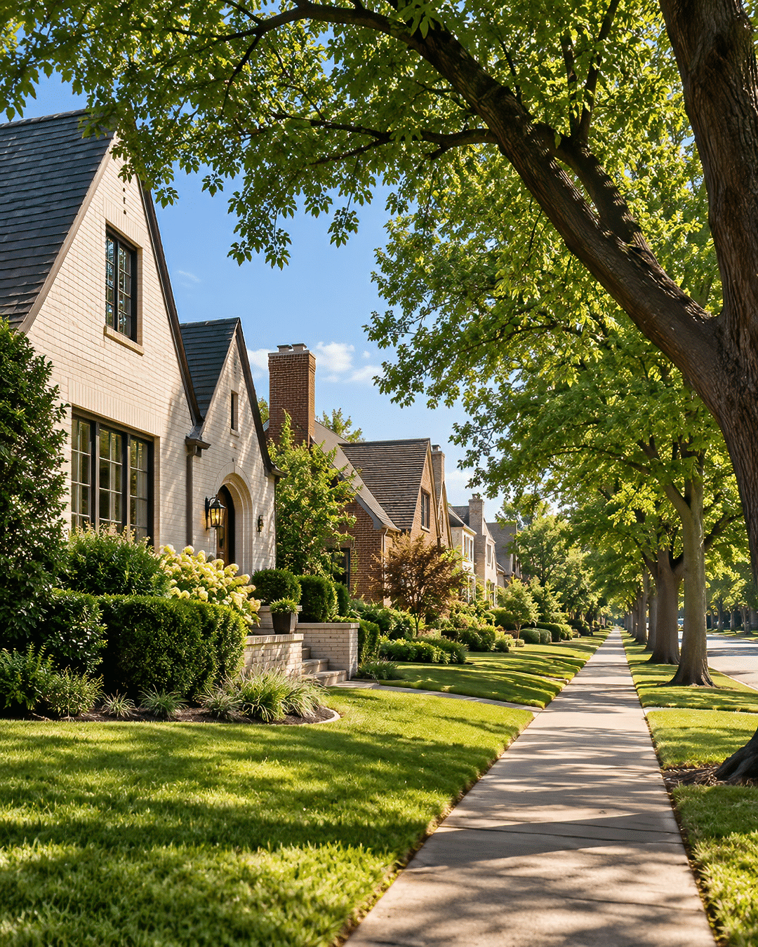 Tree-lined residential street with well-maintained lawns, sidewalks, and houses featuring brick facades under a clear blue sky—an inviting setting for those seeking Oklahoma City homes for sale.