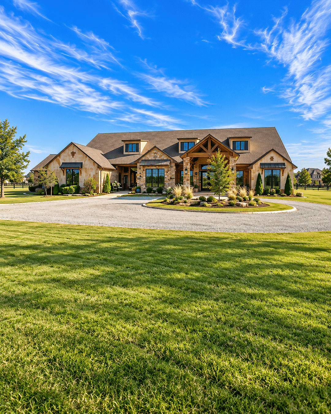 Large custom home in Piedmont, Oklahoma, with a circular drive, landscaped lawn, and open residential setting.