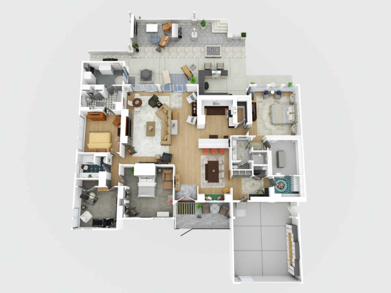 3D-rendered floor plan of a single-story house showing multiple bedrooms, bathrooms, living areas, kitchen, laundry room, garage, and outdoor patio with furniture.